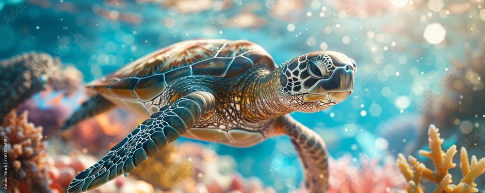 Endangered sea turtle, coral reef, underwater world, vibrant and thriving, sunny day, 3D render, sunlight, depth of field bokeh effect - obrazy, fototapety, plakaty 