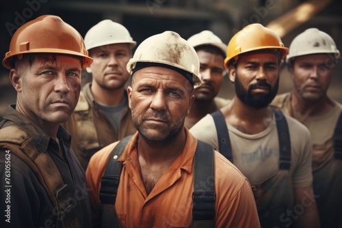 A group of men wearing hard hats and overalls, suitable for construction or industrial concepts photo