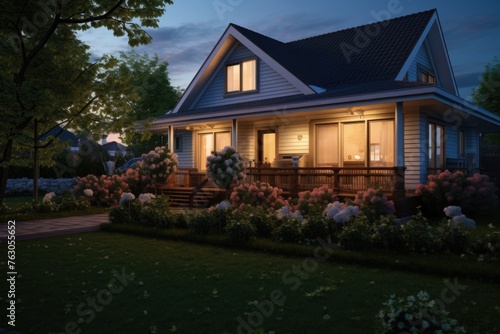 A house glowing at night with beautiful flowers in the front yard. Ideal for real estate or garden-themed designs © Fotograf