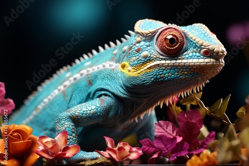 a hyper realistic, bioluminescent chameleon with vibrant, psychedelic colors, set against a dark, tropical forest backdrop