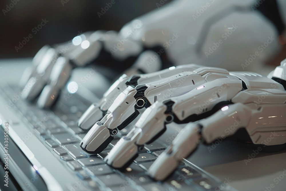 Robot hands typing on laptop keyboard, closeup Robot hands typing on laptop keyboard, closeup