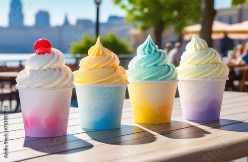 ice cream cups on a table in a summer cafe. A close-up of a delicious multicolored ice cream on a blurred background of a cafe or street. The concept of healthy sweet food.