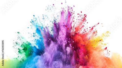 Explosive burst of vibrant rainbow-colored Holi powder paint, isolated on white. High-speed photography