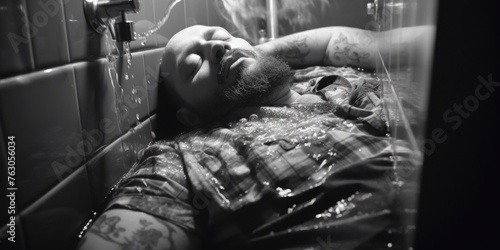 A man with a beard laying in a bathtub. Perfect for health and wellness concepts