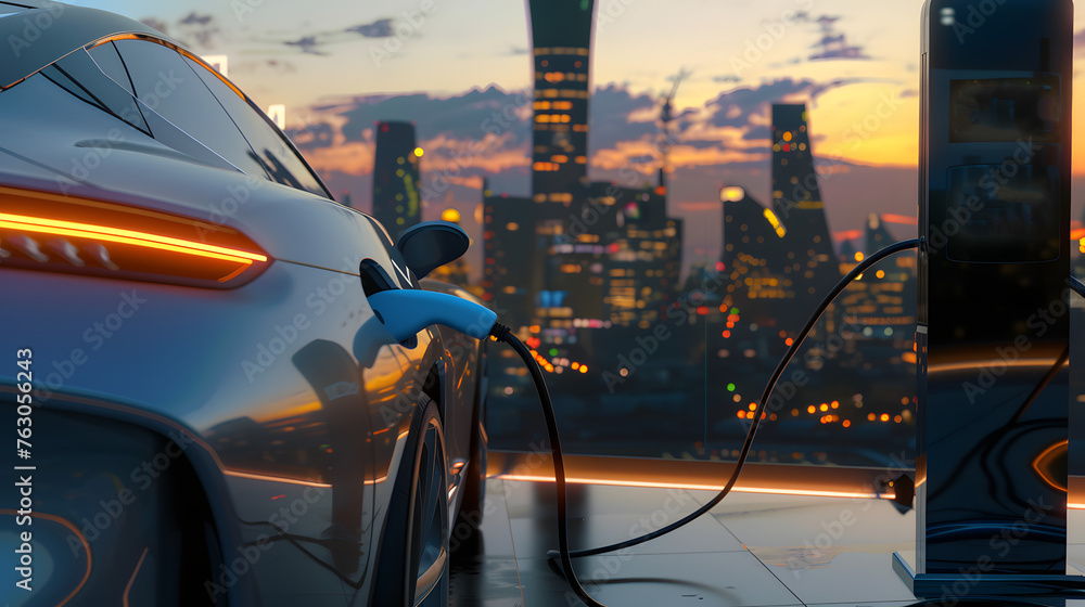 a bustling urban parking lot equipped with sleek charging stations, surrounded by modern buildings a bustling urban parking lot equipped with sleek charging stations, surrounded by modern buildings
