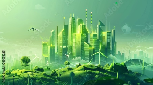 Futuristic eco-friendly city with sustainable architecture and green engineering projects  digital concept illustration