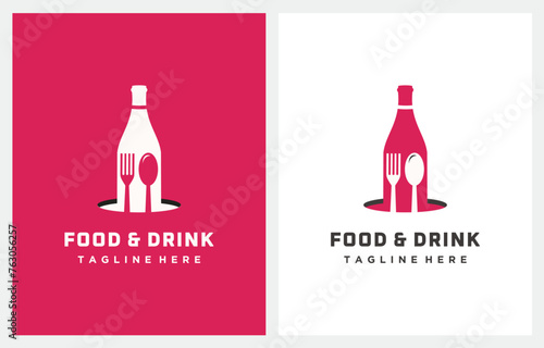 Wine Bottle Spoon Fork for Dining Restaurant logo design