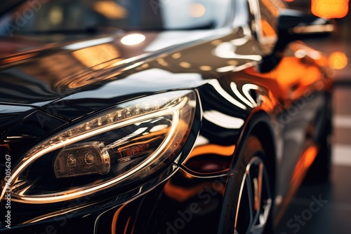 Close up view of car headlights on a busy city street, suitable for automotive and urban themes