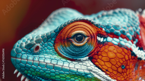 A colorful lizard with a blue head and red and orange body