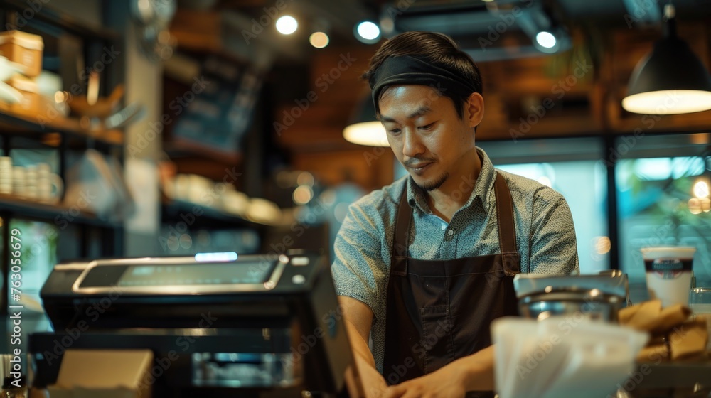 A man in an apron working on a laptop. Suitable for business and technology concepts A man in an apron working on a laptop. Suitable for business and technology concepts