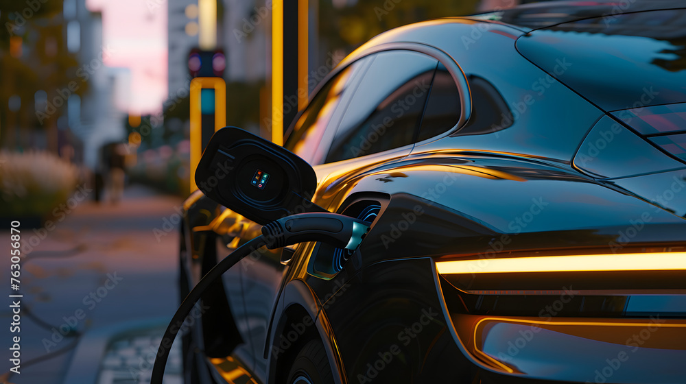 a bustling urban parking lot equipped with sleek charging stations, surrounded by modern buildings 