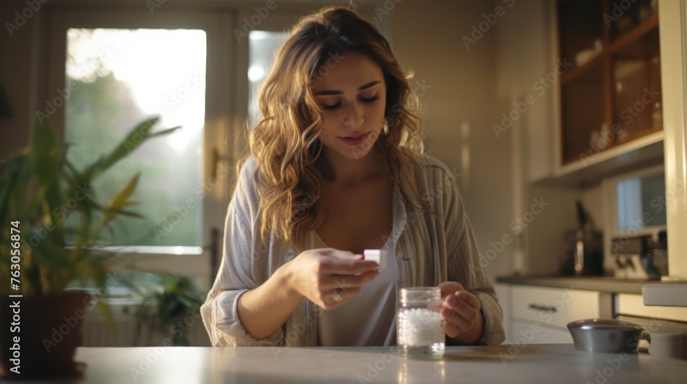 A woman sitting at a kitchen counter looking at her cell phone. Ideal for illustrating technology use at home A woman sitting at a kitchen counter looking at her cell phone. Ideal for illustrating technology use at home