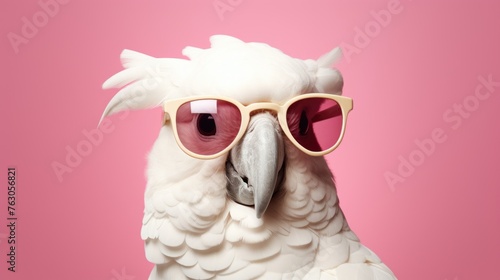 White cockatoo posing with sunglasses, perfect for summer promotions © Fotograf