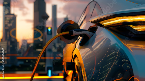 a bustling urban parking lot equipped with sleek charging stations, surrounded by modern buildings  © Gita