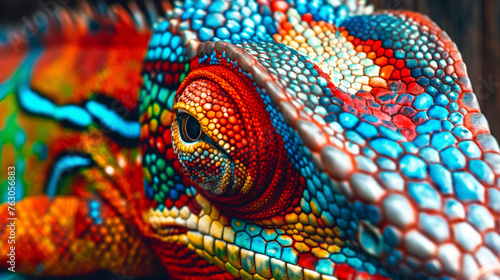 A colorful lizard with a bright blue eye