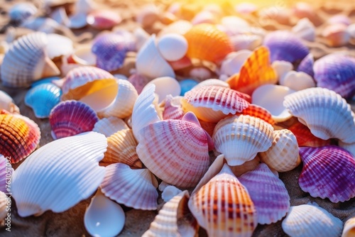 A pile of colorful seashells on a sandy beach. Ideal for travel and vacation concepts