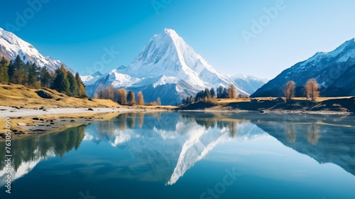 Mountain Lake. Morning landscape with clear sky and su