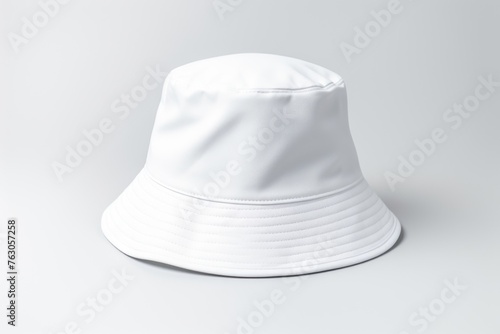 A stylish white bucketer hat on a clean white background. Perfect for fashion or summer accessory concepts