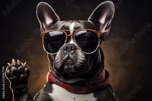 A cute dog wearing glasses and a red bandanna, perfect for pet lovers or animal themed designs © Fotograf