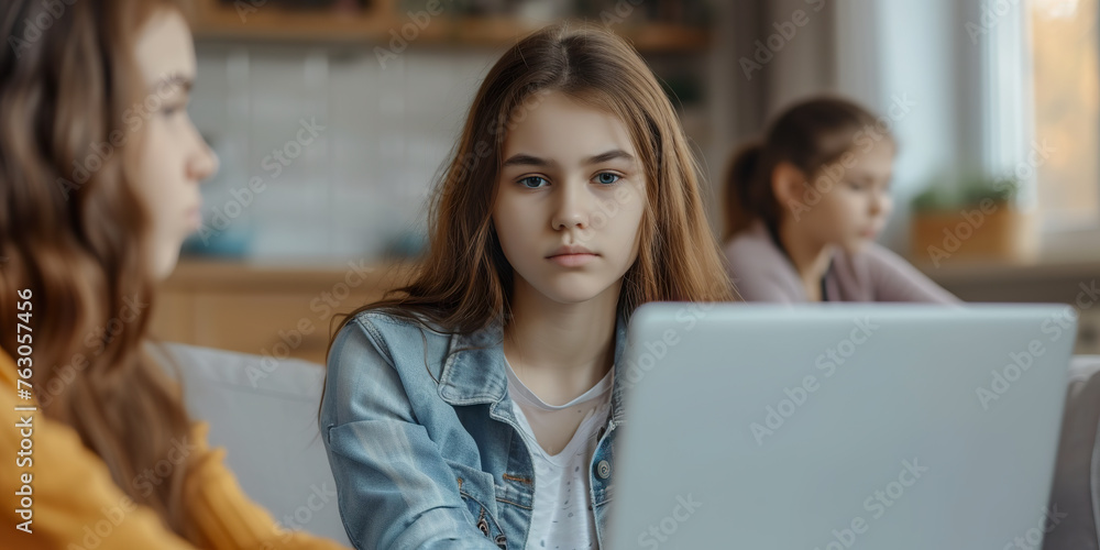 Teenage girl sitting with laptop computer at home Teenage girl sitting with laptop computer at home