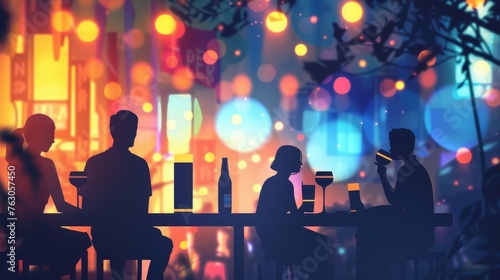 Street Bar Beer Restaurant Outdoor in Asia at Night - People Chilling Out Listening to Music Avenue Bokeh Background Concept Illustration