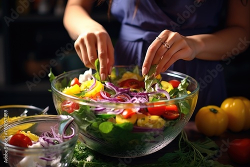 A woman preparing a healthy salad in a glass bowl. Perfect for food and cooking concepts