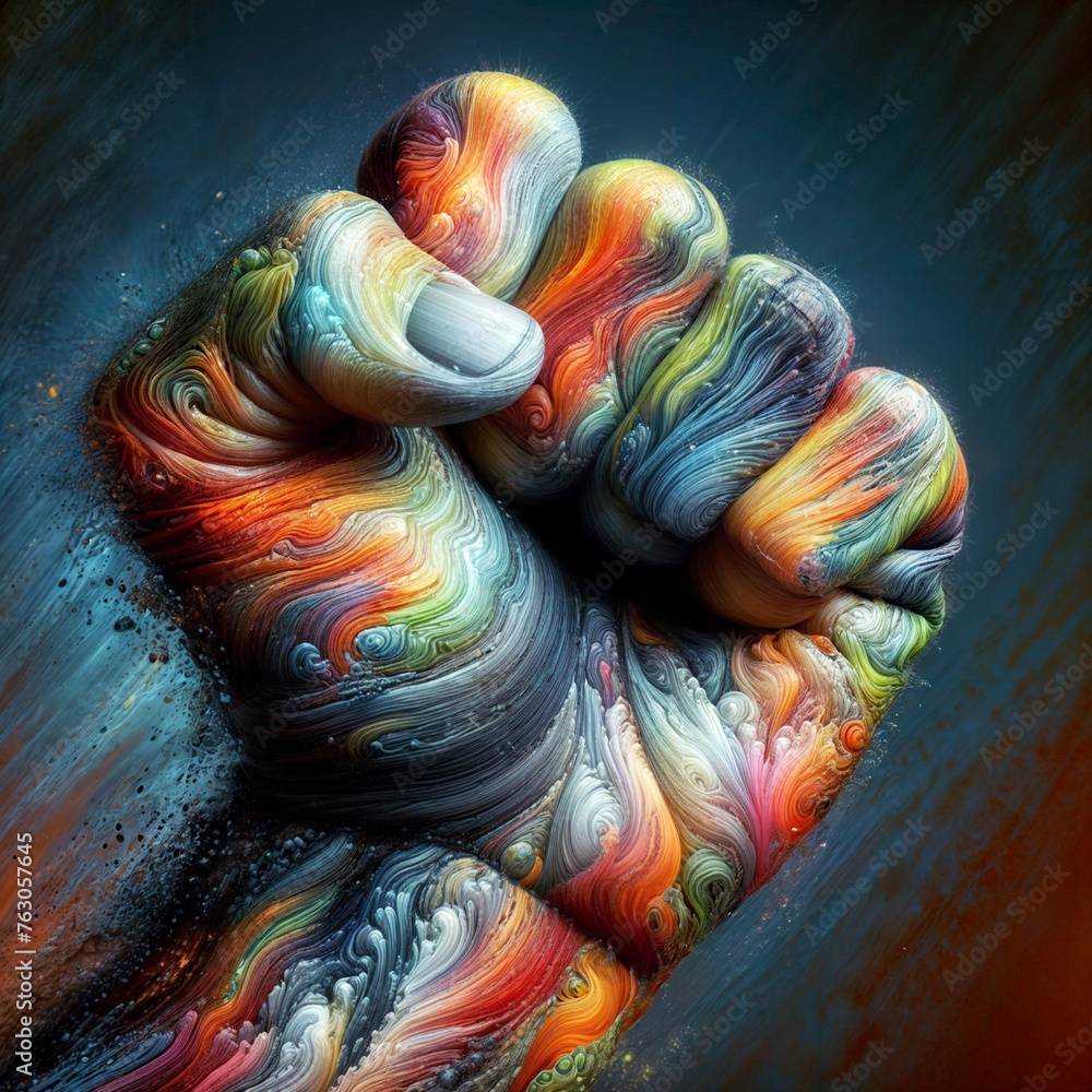 A painting of a closed and colorful fist
