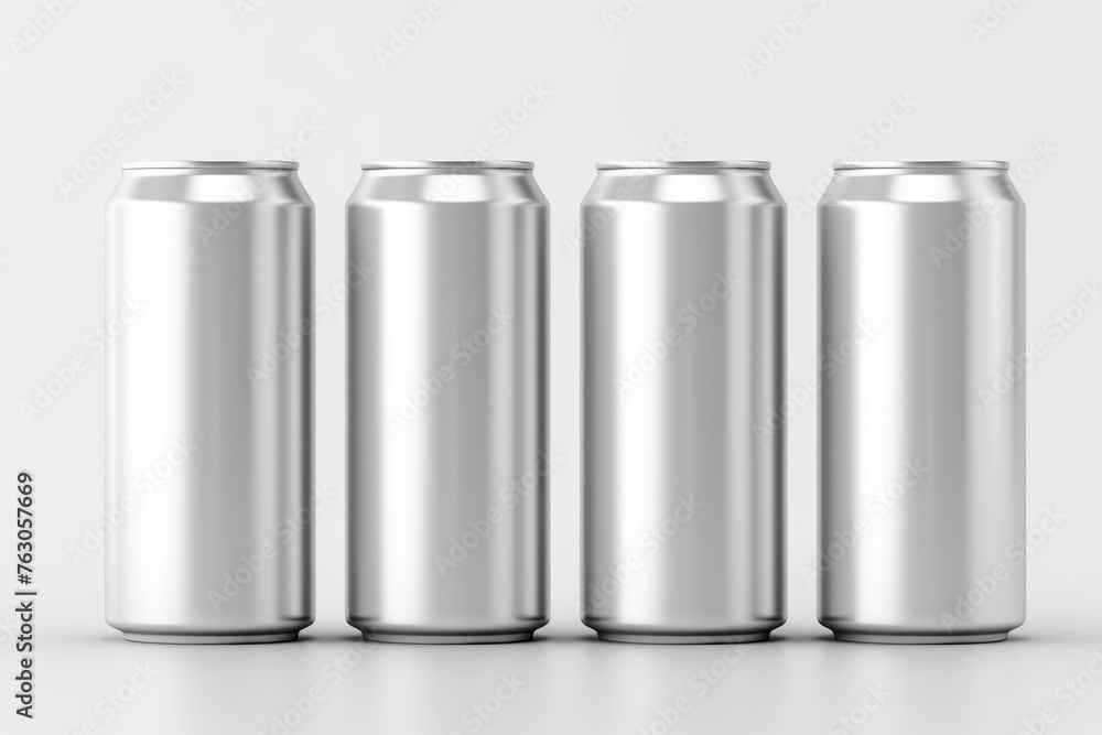 Row of aluminum cans on a white surface, perfect for product display Row of aluminum cans on a white surface, perfect for product display