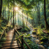 Natural walk across a wooden bridge