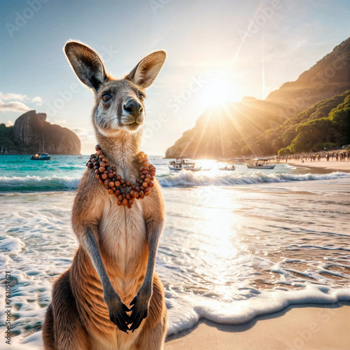kangaroo with a flower necklace on the beach