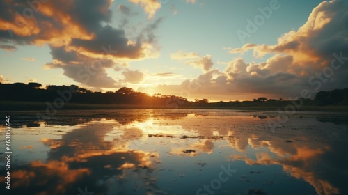 Beautiful sunset over a calm body of water, perfect for nature backgrounds