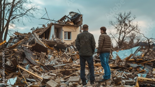 Two men standing in front of a pile of rubble, suitable for construction concept