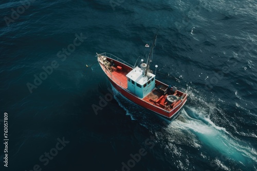 A vibrant red and blue boat floating in the vast ocean. Suitable for travel and adventure themes