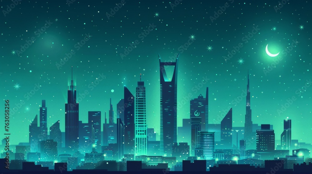 Modern City Skyline at Night with Saudi Arabia Flag Illustration