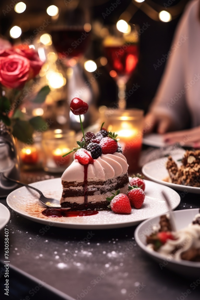 A piece of cake sitting on a plate. Perfect for bakery or dessert concepts A piece of cake sitting on a plate. Perfect for bakery or dessert concepts