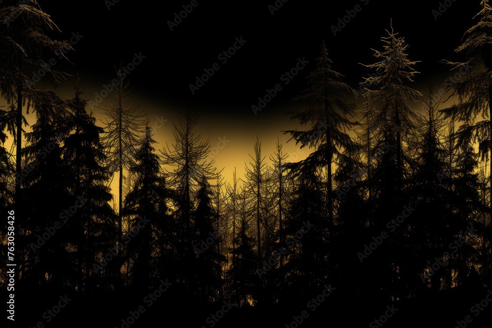 A mysterious black and yellow photo of a forest at night. Perfect for spooky or Halloween-themed projects