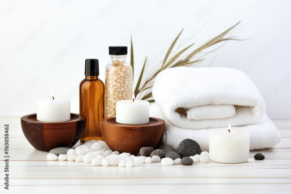 A tranquil spa setting with candles, stones, and towels. Perfect for wellness and beauty concepts