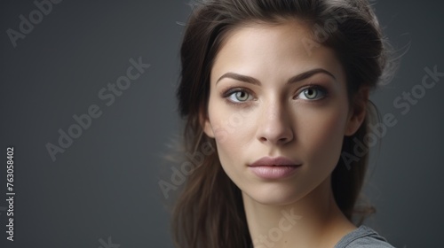 A woman with long brown hair and blue eyes. Suitable for beauty and fashion themes