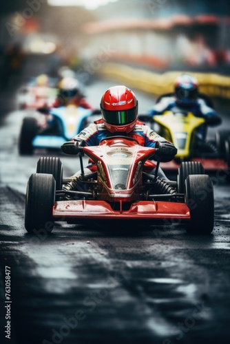 High-speed go-karts racing on a track, perfect for sports and recreation concepts