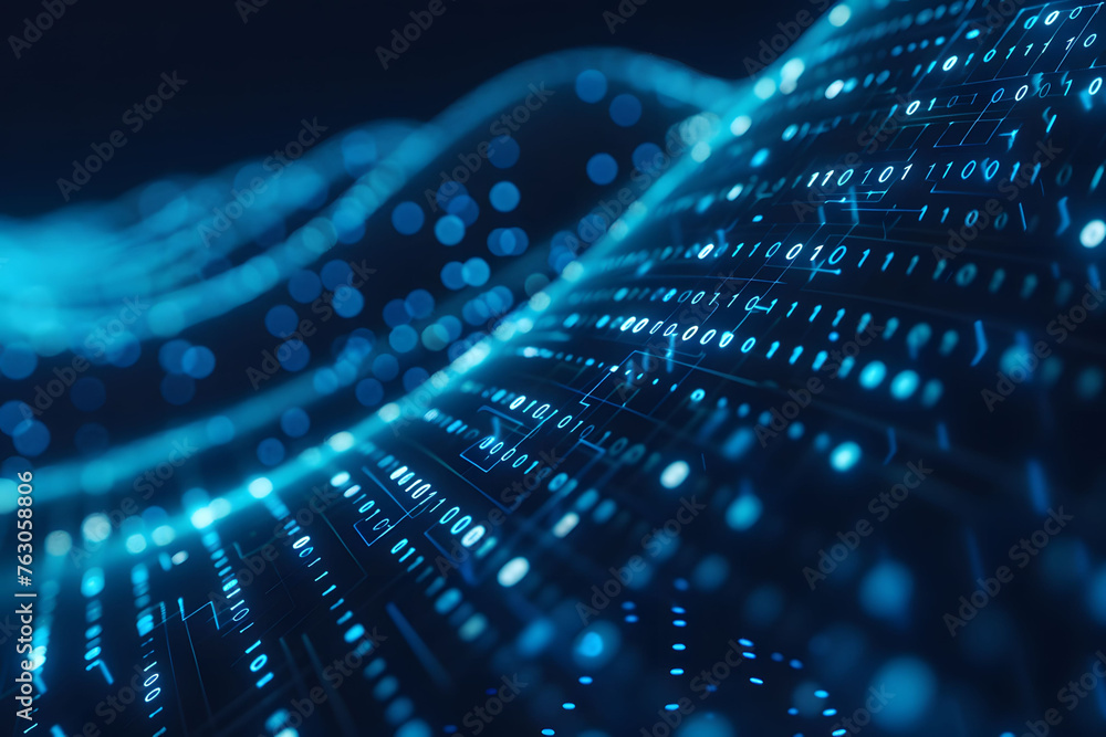 Abstract digital background with blue binary code and light streaks on ...