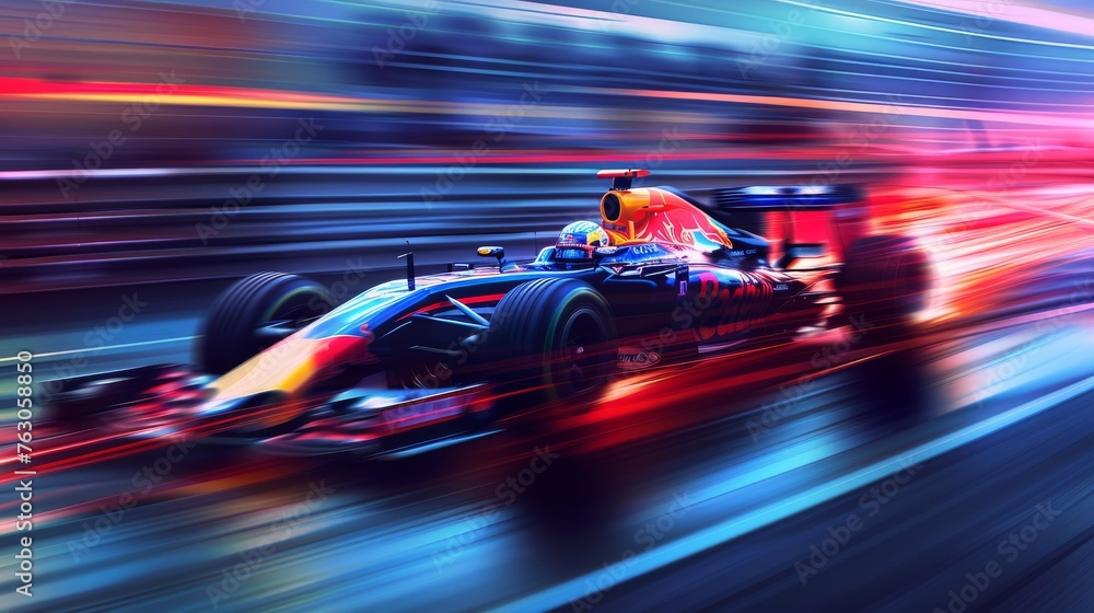 Racing car speeding on track, competitive motorsports, motion blur, digital art illustration