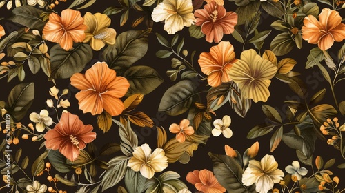 Exotic hand drawn rose flowers, seamless patterns, on brown background.