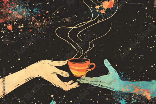 Simple line Illustration chalkboard coffee or tea flying In the Universe black color grunge texture, colorful element, empty space.	