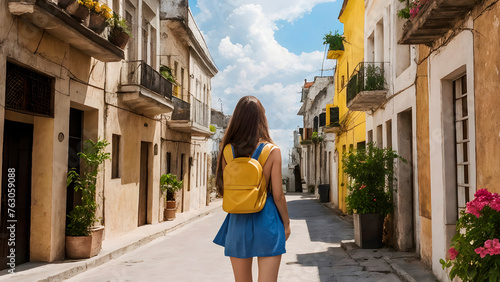 Woman walking through the streets doing tourism in summer exploring authentic places. Woman on vacation walking through the streets of moon small town dressed in blue and with yellow backpack