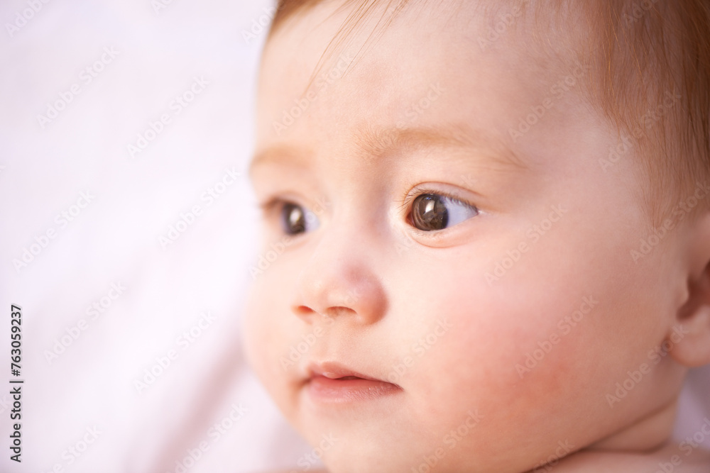 Closeup, girl and baby on bed with curiosity for childhood development, growth and relax in nursery. Newborn, ginger and kid with wonder for wellness, knowledge and calm child in bedroom from above Closeup, girl and baby on bed with curiosity for childhood development, growth and relax in nursery. Newborn, ginger and kid with wonder for wellness, knowledge and calm child in bedroom from above