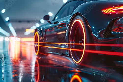 A car with bright orange wheels is driving down a wet road. Generative AI
