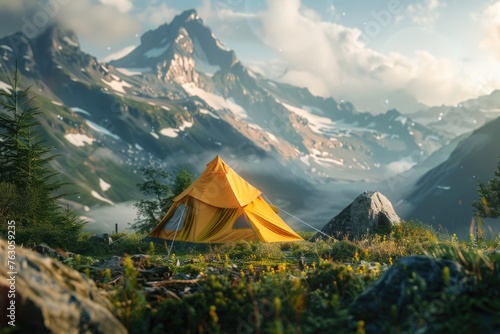 A yellow tent pitched up in the mountains, perfect for outdoor adventure websites or camping gear advertisements © Fotograf