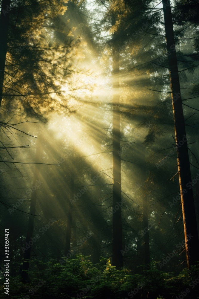 Obraz premium Bright sunlight filtering through dense forest trees, ideal for nature and outdoor themes