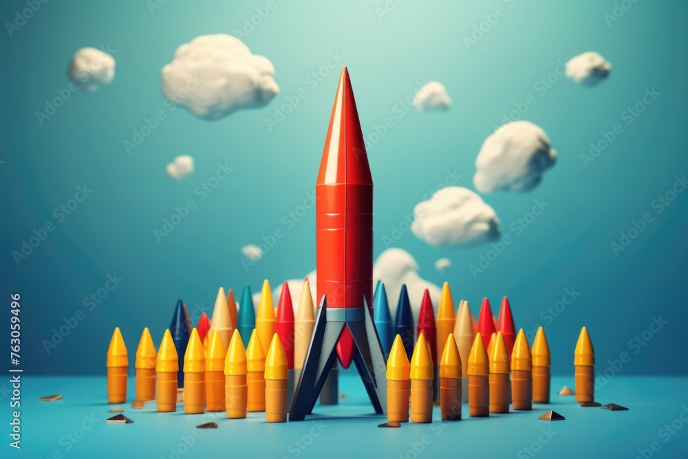 Colorful crayon crayons with a rocket in the middle. Perfect for educational and creative projects Colorful crayon crayons with a rocket in the middle. Perfect for educational and creative projects