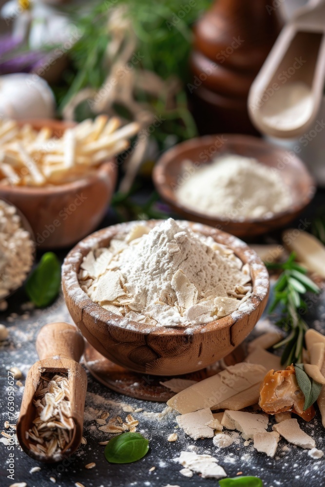Fototapeta premium Image of a wooden bowl filled with flour and various ingredients. Ideal for cooking and baking concepts